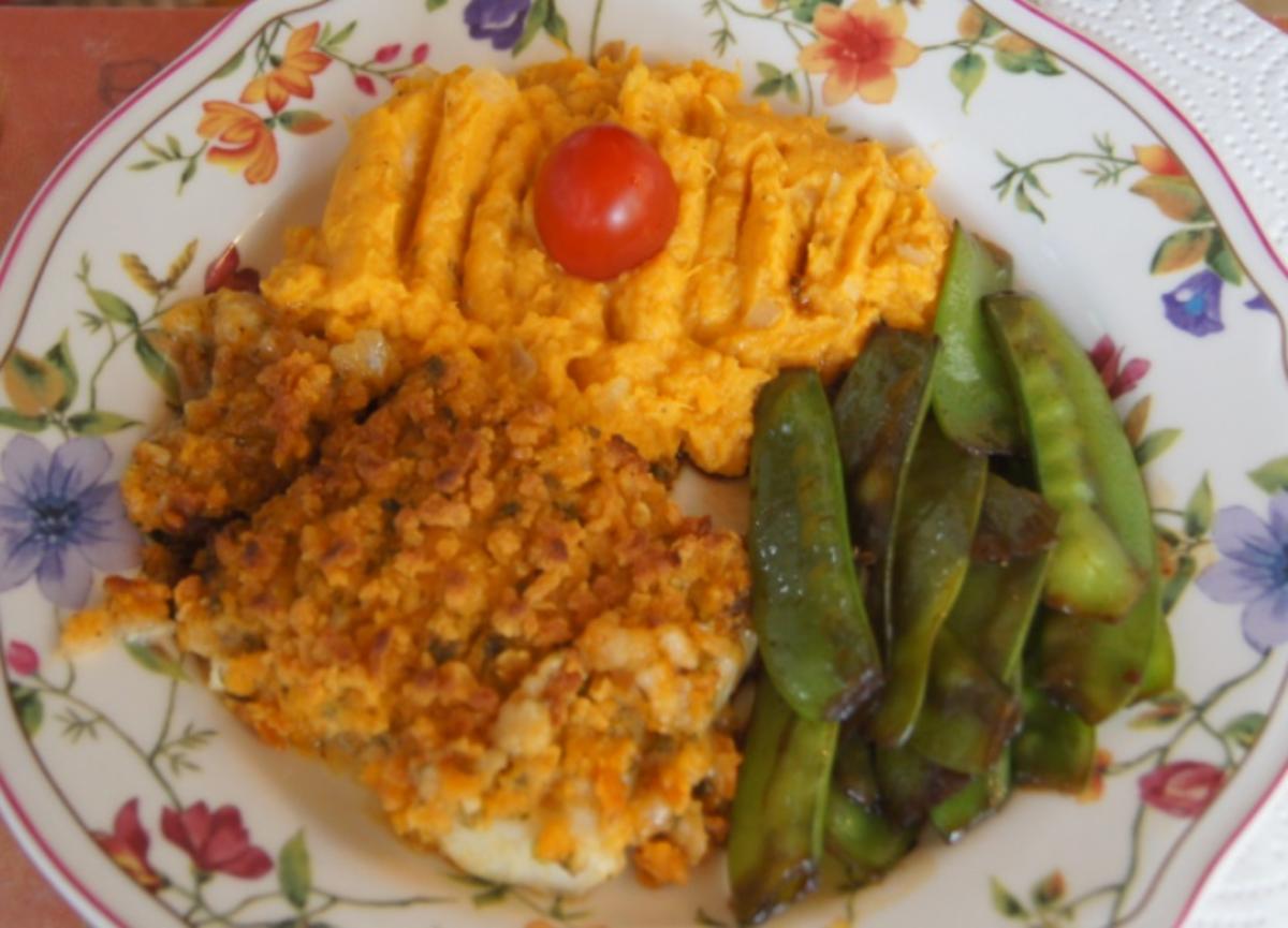 Schlemmerfilet mit Süßkartoffelstampf und Zuckerschoten - Rezept - Bild Nr. 6638