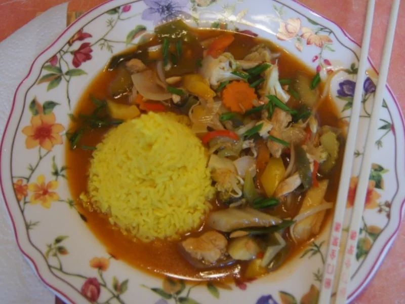 Rezept: Gemüsemix süß-sauer mit Hähnchenbrustfilet und gelben Basmatireis Bild Nr. 6793 Gemüsemix süß-sauer mit Hähnchenbrustfilet und gelben Basmatireis - Rezept - Bild Nr. 6793