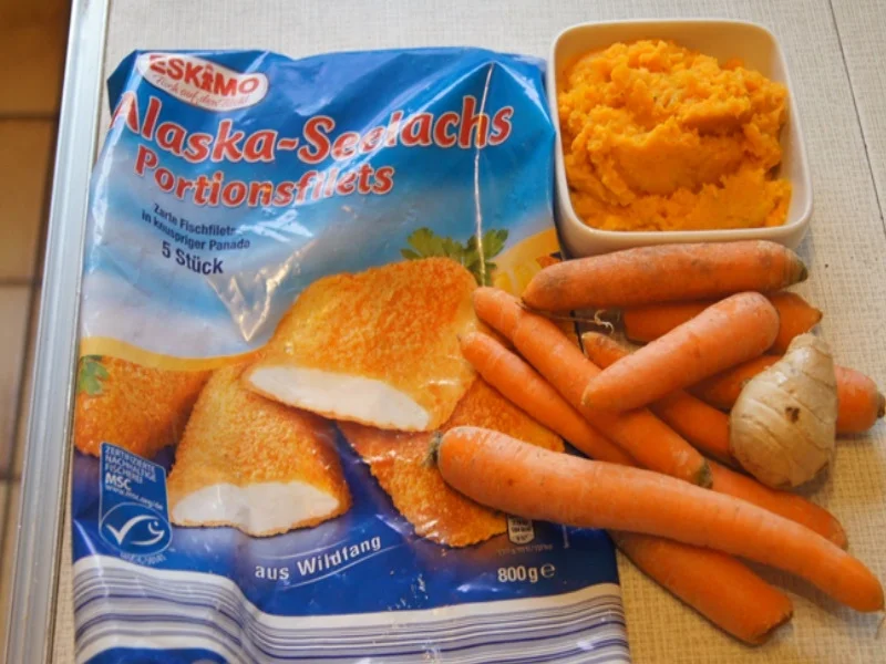 Alaska-Seelachsfilet mit Honig-Ingwer-Möhren und Süßkartoffelstampf - Rezept - Bild Nr. 3