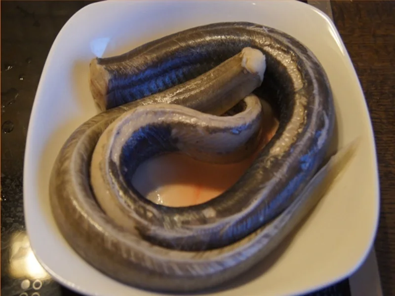 Flussaal mit Rahmsauce; Zwiebeln und Pellkartoffeln - Rezept - Bild Nr. 3