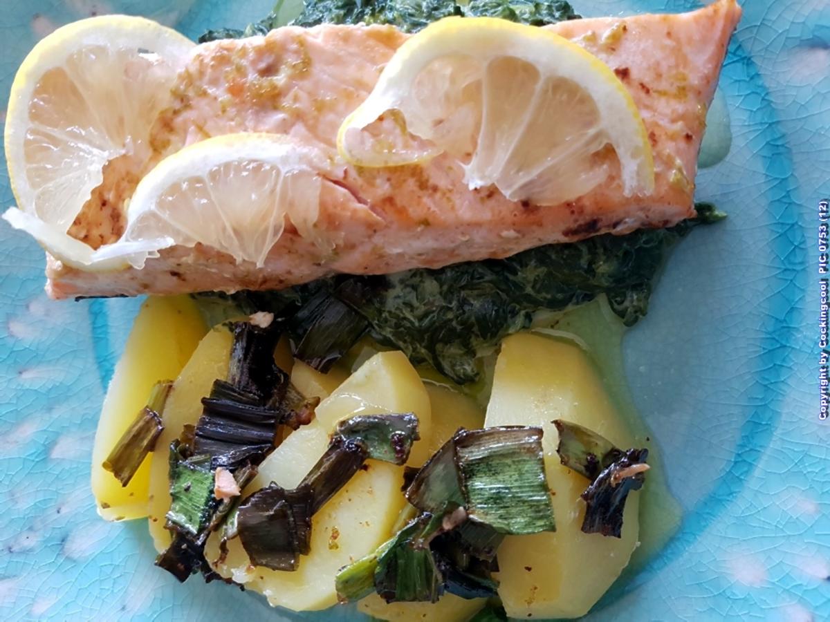 Lachs an Käse-Creme-Spinat und Salzkartoffel - Rezept - Bild Nr. 7032