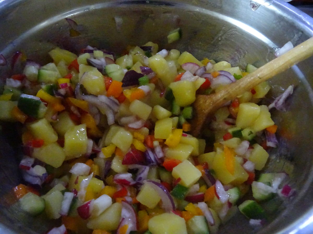 Fisch-Frikadellen mit buntem Kartoffelsalat und Ajvar-Dip - Rezept - Bild Nr. 7146