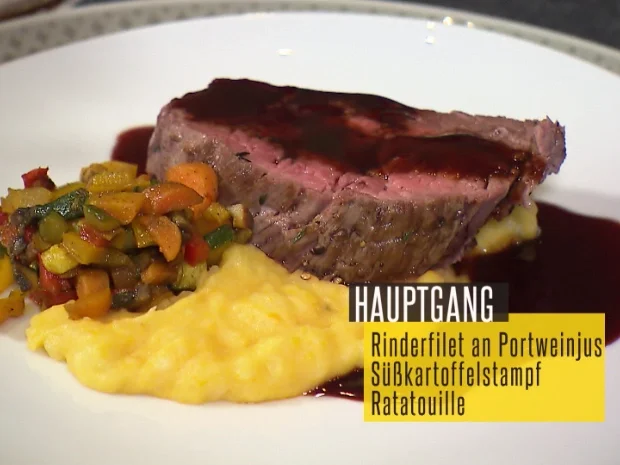 Rinderfilet an Portweinjus, Süßkartoffelstampf und Ratatouille - Rezept - Bild Nr. 2