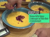 Rezept: Süßkartoffel-Kokos Creme Suppe auf rote Bete Zitronen Kompott, Kräuterfladenbrot Bild Nr. 7688 Süßkartoffel-Kokos Creme Suppe auf rote Bete Zitronen Kompott, Kräuterfladenbrot - Rezept - Bild Nr. 7688