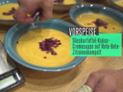 Süßkartoffel-Kokos Creme Suppe auf rote Bete Zitronen Kompott, Kräuterfladenbrot - Rezept - Bild Nr. 7688