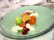 Rezept: Gebeizter Bachsaibling mit Parmesanmousse, Buttermilch-Limetten-Sorbet und Gin-Gurken Bild Nr. 7756 Gebeizter Bachsaibling mit Parmesanmousse, Buttermilch-Limetten-Sorbet und Gin-Gurken - Rezept - Bild Nr. 7756