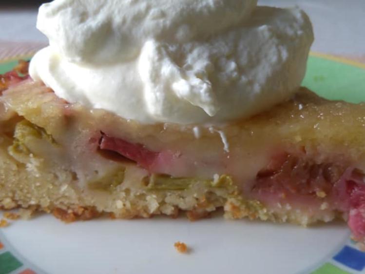 Umgedrehter Rhabarberkuchen - schnell &amp; einfach - 200 kcal/100g