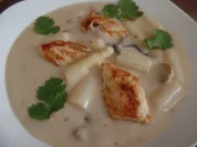 Kokos-Spargelcremesuppe mit Mischpilzen und Ingwer-Hähnchen - Rezept - Bild Nr. 8140