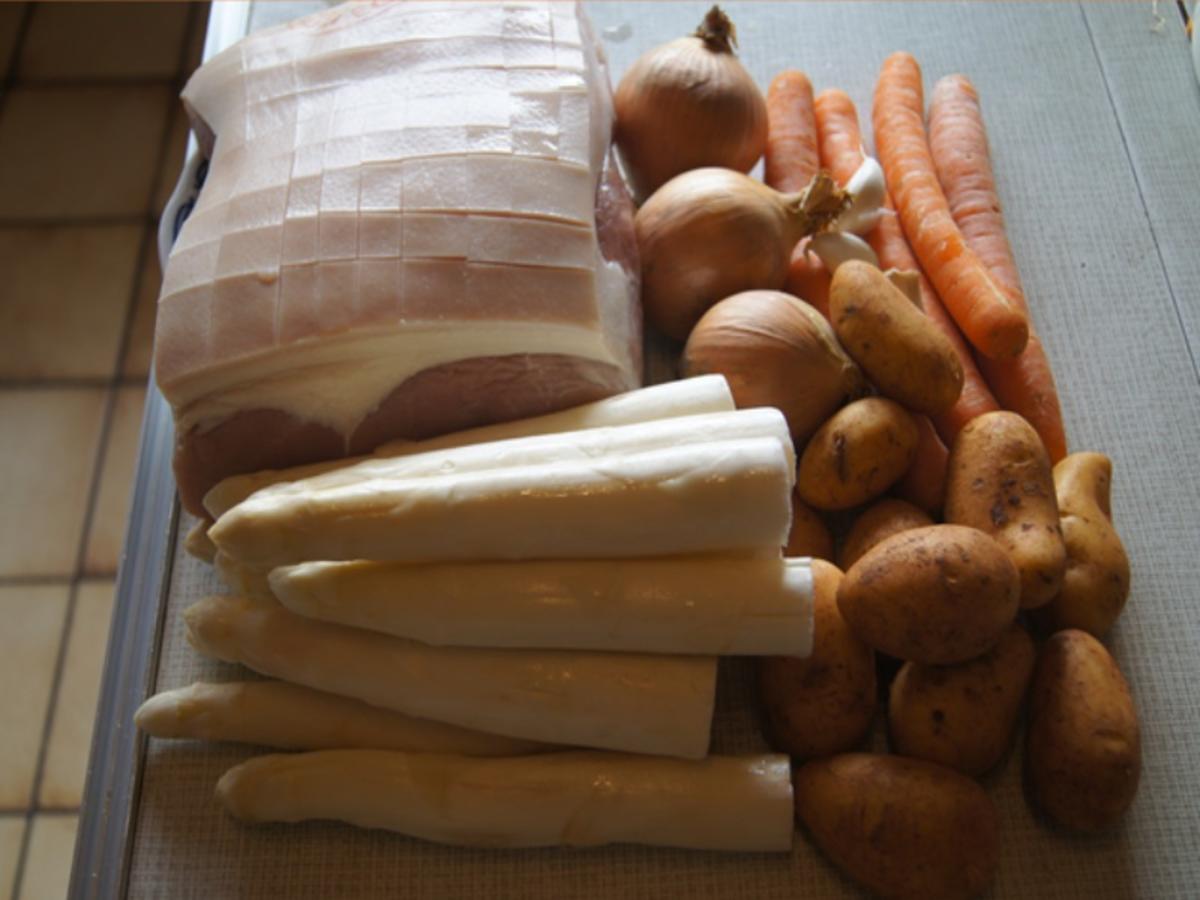 Schinken-Krustenbraten mit Sauce, Spargel und Frühkartoffeln - Rezept - Bild Nr. 8179