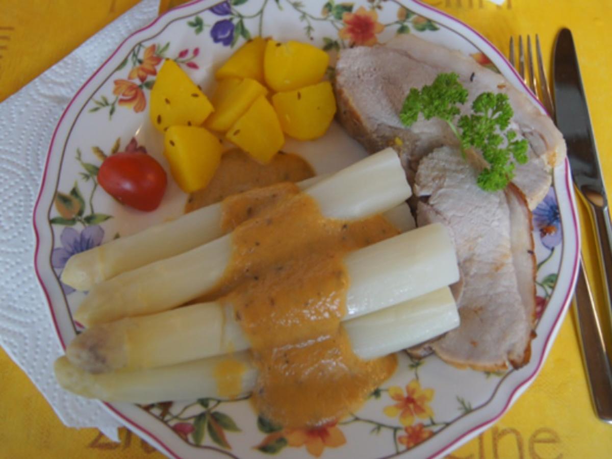 Schinken-Krustenbraten mit Sauce, Spargel und Frühkartoffeln - Rezept - Bild Nr. 8197