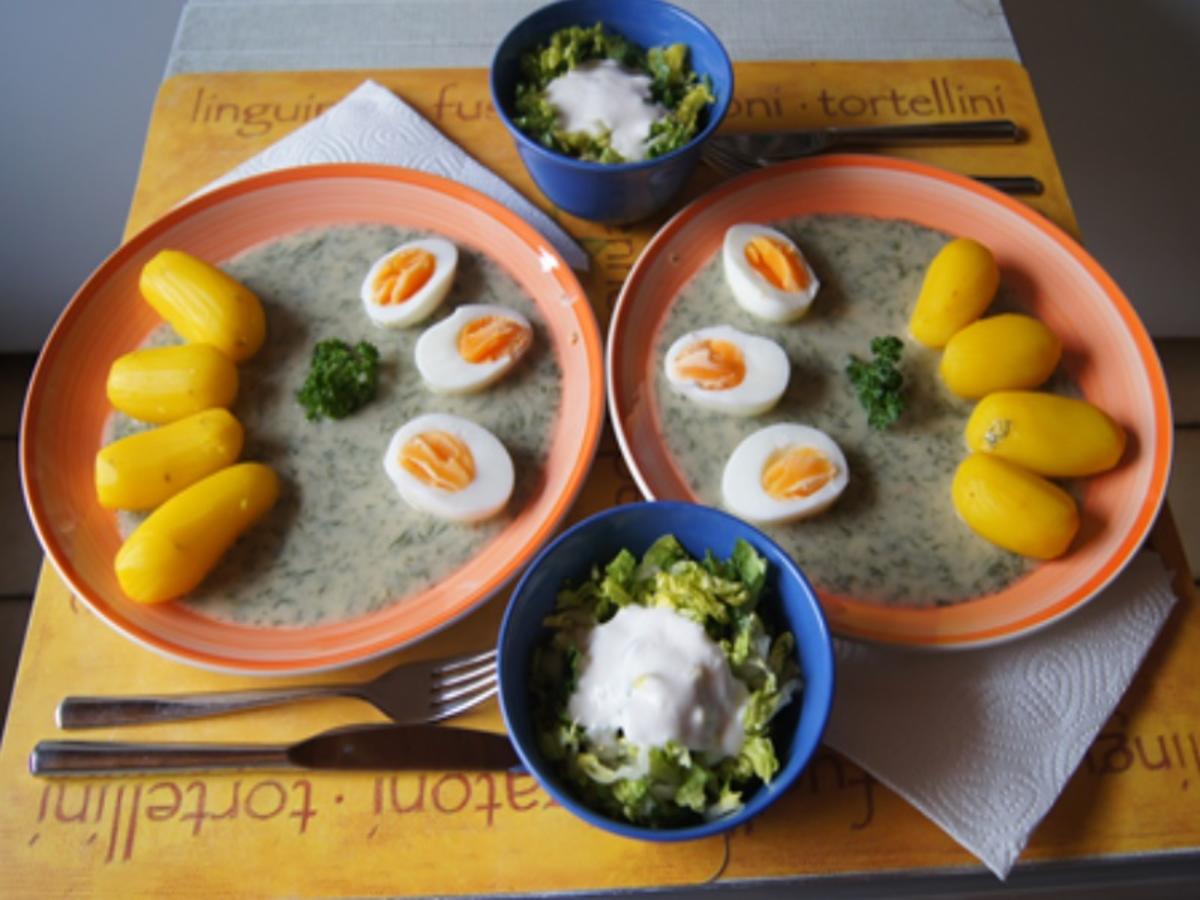 Gekochte Eier mit Dillsauce, Kartoffeln und Romana-Salat - Rezept - Bild Nr. 8482
