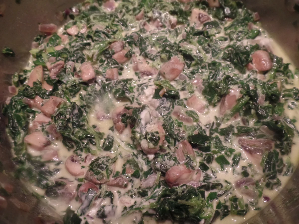 Bandnudeln mit Champigons-Spinat-Frischkäsesauce und Spiegeleiern - Rezept - Bild Nr. 8757