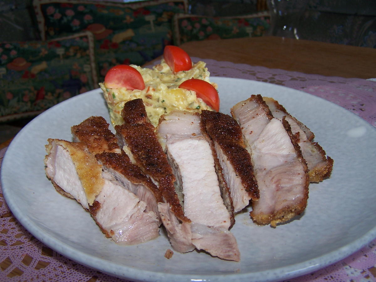 Stroh - Schwein-Kotelett und Còte de Boeuf vom Rind u. Kartoffelsalat - Rezept - Bild Nr. 8775