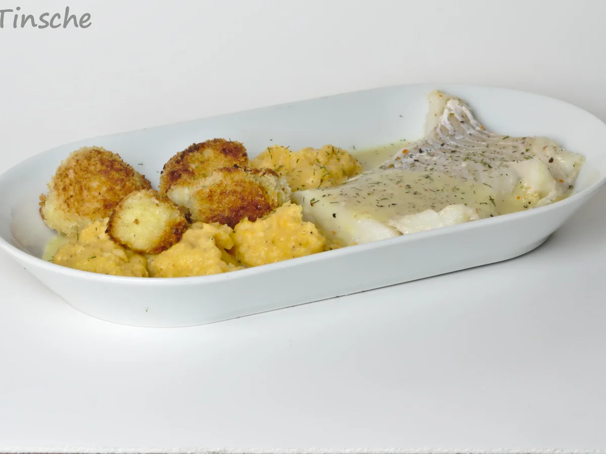 Pochiertes Kabeljaufilet, grobes Kartoffel-Süßkartoffelstampf und Knusperblumenkohl - Rezept - Bild Nr. 2