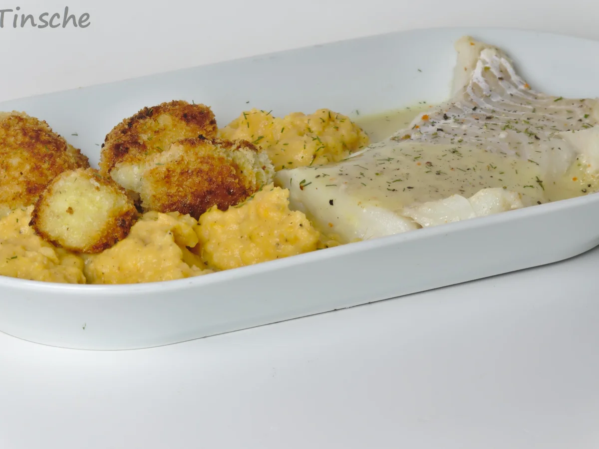 Pochiertes Kabeljaufilet, grobes Kartoffel-Süßkartoffelstampf und Knusperblumenkohl - Rezept - Bild Nr. 3