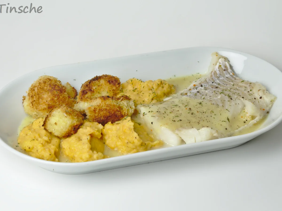 Pochiertes Kabeljaufilet, grobes Kartoffel-Süßkartoffelstampf und Knusperblumenkohl - Rezept - Bild Nr. 4
