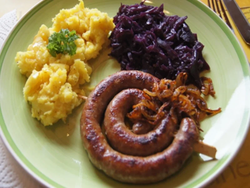 Rezept: Fränkische Bratwurstschnecke mit Röstzwiebeln, Kartoffelstampf und Ananas-Mango-Rotkohl Bild Nr. 2 Fränkische Bratwurstschnecke mit Röstzwiebeln, Kartoffelstampf und Ananas-Mango-Rotkohl - Rezept - Bild Nr. 2