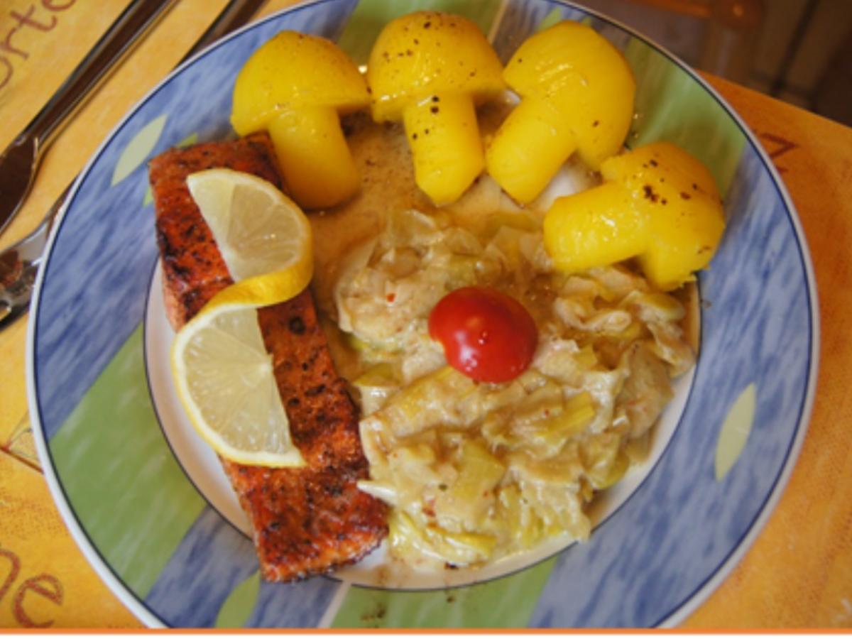 Wildlachs-Filet mit Rahmporree und Kartoffelpilzen - Rezept - Bild Nr. 2