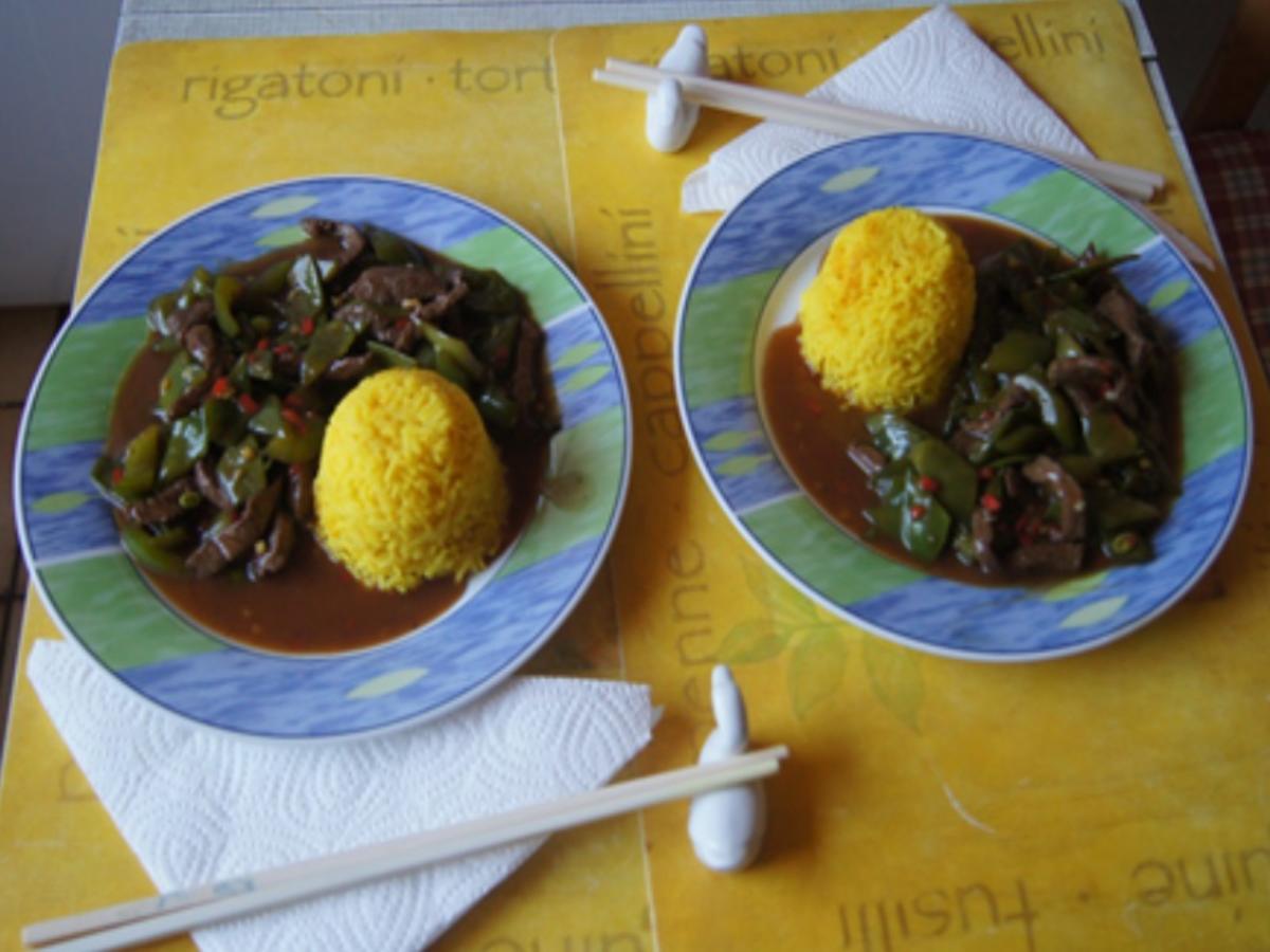 Steakhüfte mit Paprika-Zuckerschoten-Gemüse im Wok und gelber Basmatireis - Rezept - Bild Nr. 18