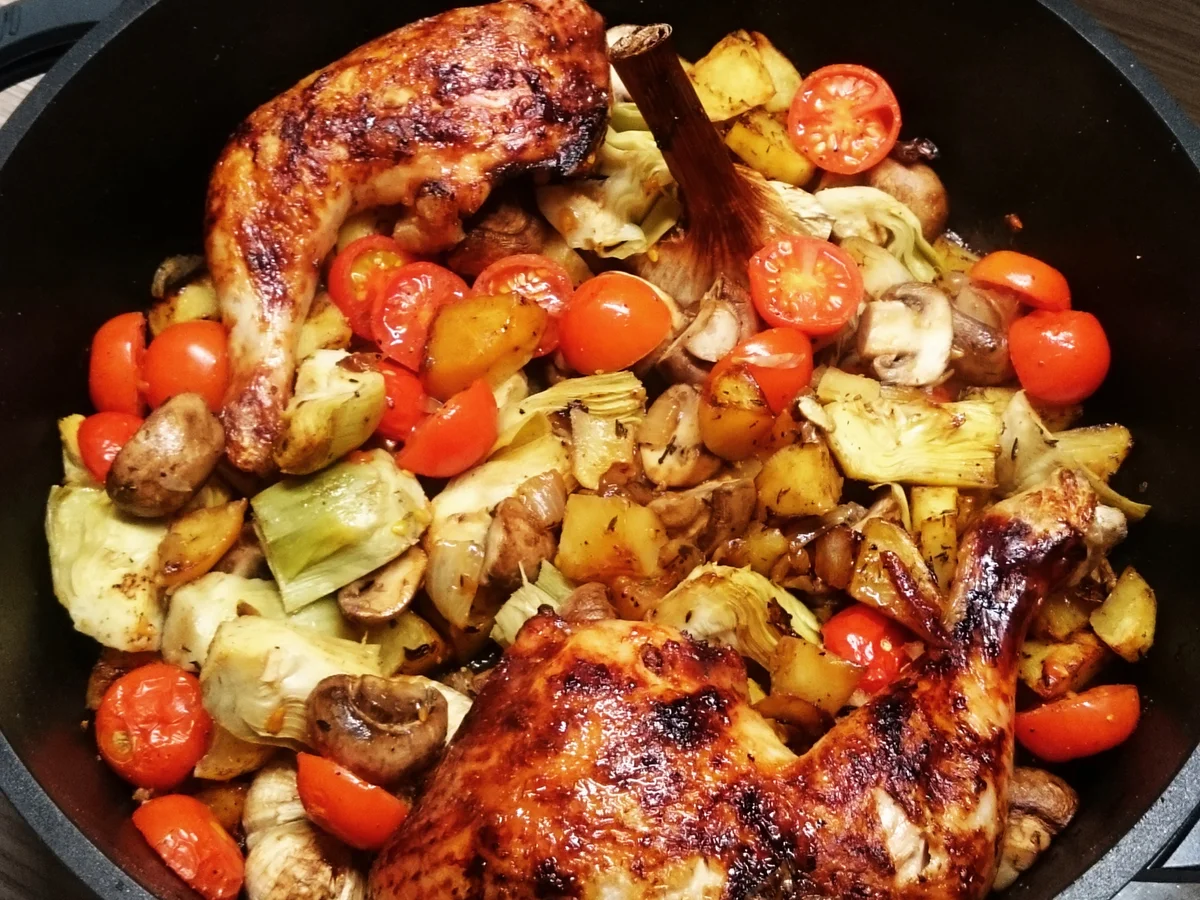Hähnchenkeulen mit Kartoffeln und Gemüse aus dem Backofen - Rezept - Bild Nr. 2