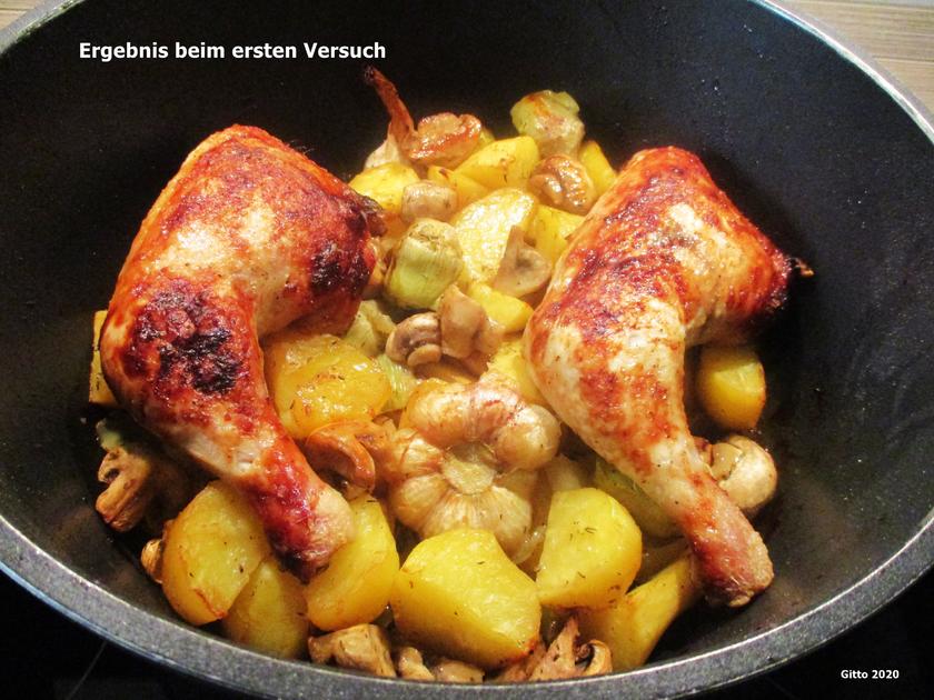 Hähnchenkeulen mit Kartoffeln und Gemüse aus dem Backofen - Rezept ...