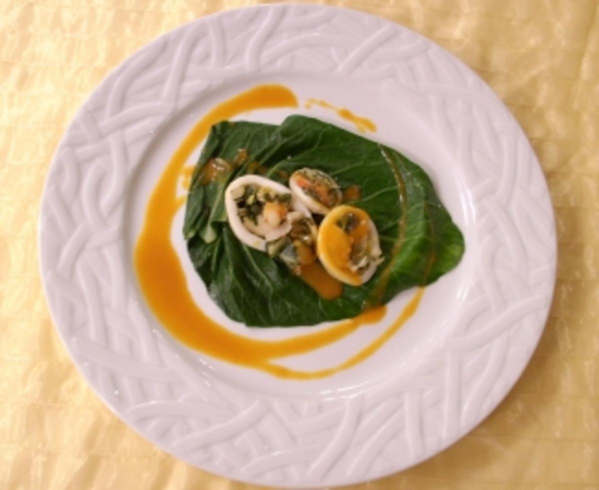 Gefüllte Calamari mit Mangold und Gambas an Cognacsoße - Rezept ...