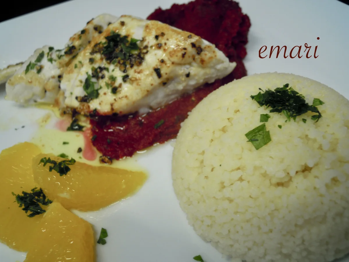 Skrei mit Rote-Beete-Orangen-Püree und CousCous - Rezept - Bild Nr. 9908