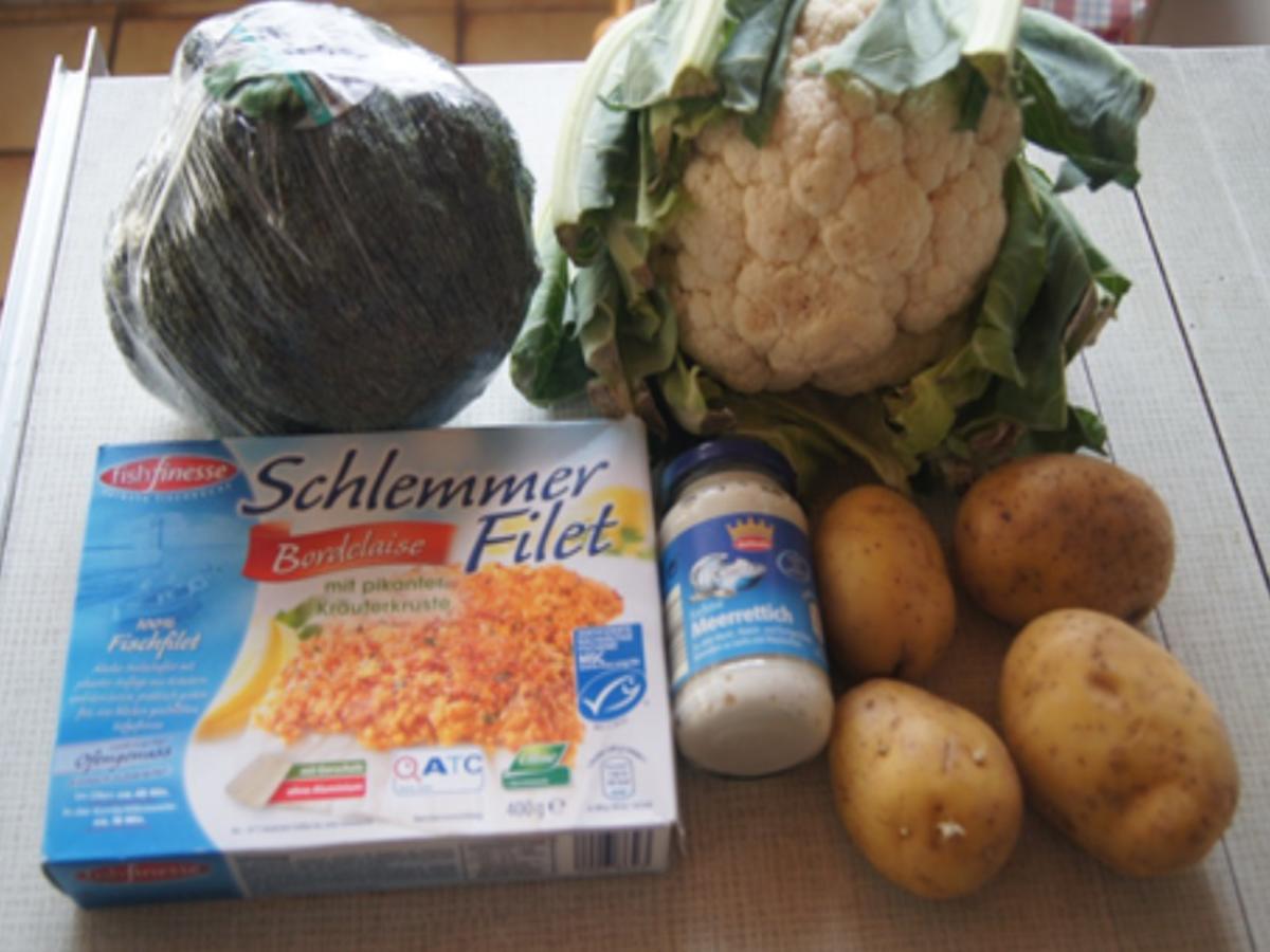 Schlemmerfilet mit Brokkoli, Blumenkohl und Meerrettich-Kartoffelstampf - Rezept - Bild Nr. 3