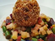 Puttespraline serviert auf Rote Bete Bohnensalat und Apfelchutney - Rezept - Bild Nr. 10031