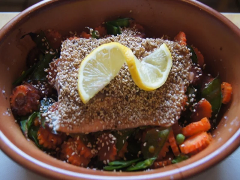 Sesam-Lachsfilet auf Möhrenblüten-Zuckerschoten-Gemüse - Rezept - Bild Nr. 2