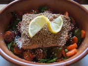 Rezept: Sesam-Lachsfilet auf Mรถhrenblรผten-Zuckerschoten-Gemรผse Bild Nr. 2 Sesam-Lachsfilet auf Mรถhrenblรผten-Zuckerschoten-Gemรผse - Rezept - Bild Nr. 2