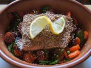 Sesam-Lachsfilet auf Möhrenblüten-Zuckerschoten-Gemüse - Rezept - Bild Nr. 2