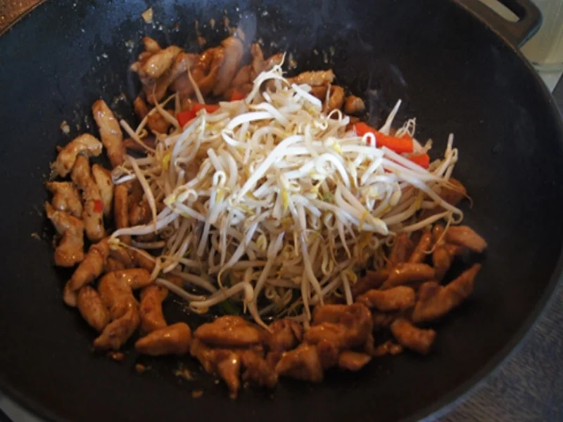 Rezept: Gebratenes Hähnchenfleisch mit Mungoboh-nenkeimlingen und Gewürzreis Bild Nr. 9 Gebratenes Hähnchenfleisch mit Mungoboh-nenkeimlingen und Gewürzreis - Rezept - Bild Nr. 9