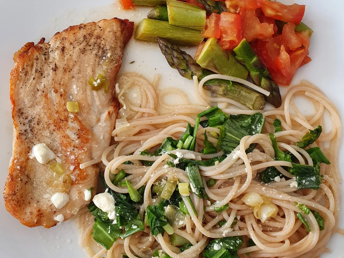 Hähnchenbrustfilet an Spargel und Bärlauchnudeln - Rezept - Bild Nr. 2