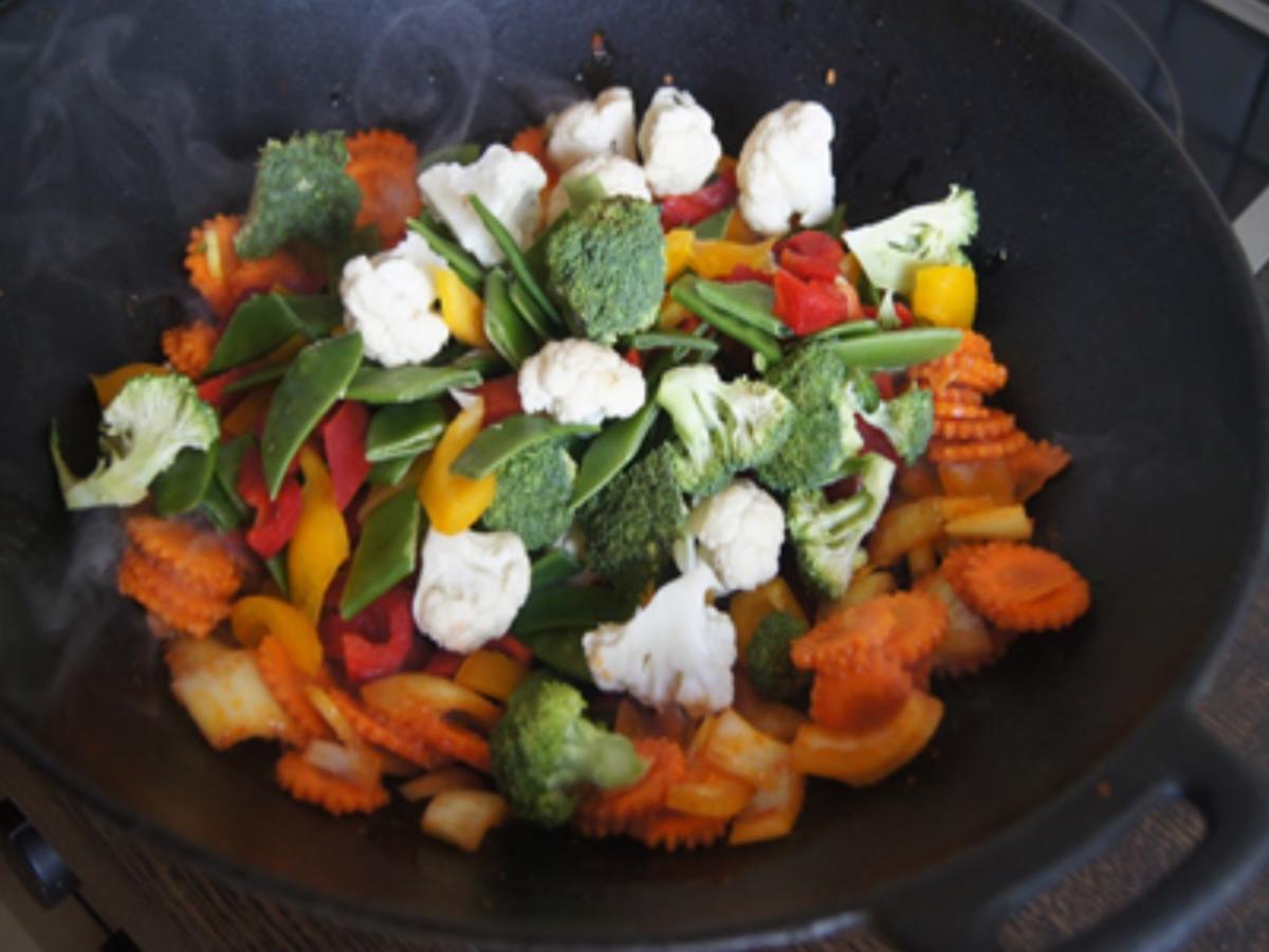 Herzhafte Hacksteaks mit Curry-Gemüsemix aus dem Wok - Rezept - Bild Nr. 10318