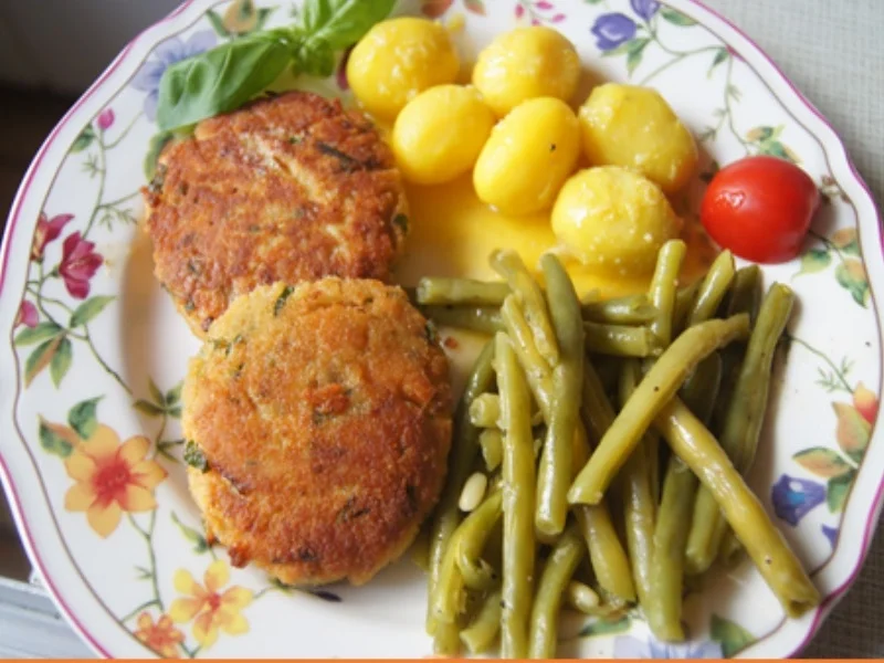Rezept: Lachsbuletten mit Buschbohnen, Baby-Pellkartoffeln und Zitronen-Butter Bild Nr. 10390 Lachsbuletten mit Buschbohnen, Baby-Pellkartoffeln und Zitronen-Butter - Rezept - Bild Nr. 10390