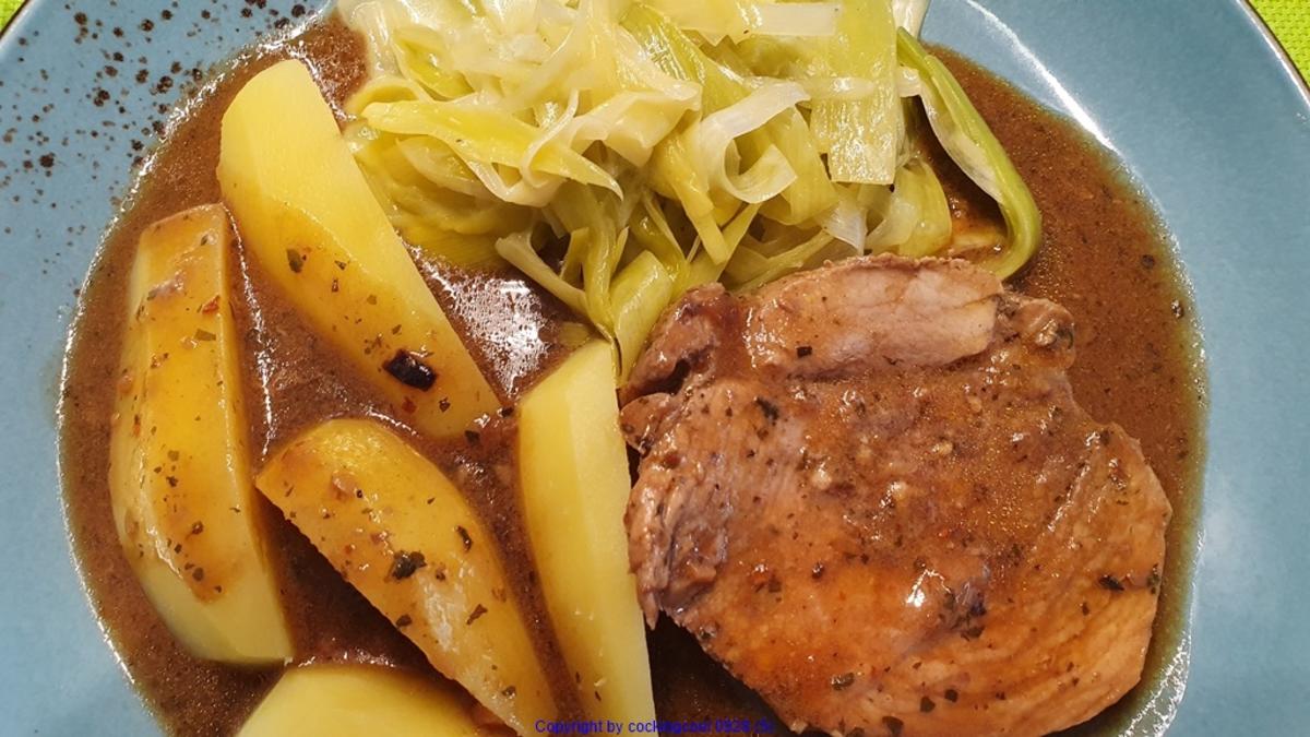 Schweinebraten Porree Gemüse und Salzkartoffel - Rezept - kochbar.de