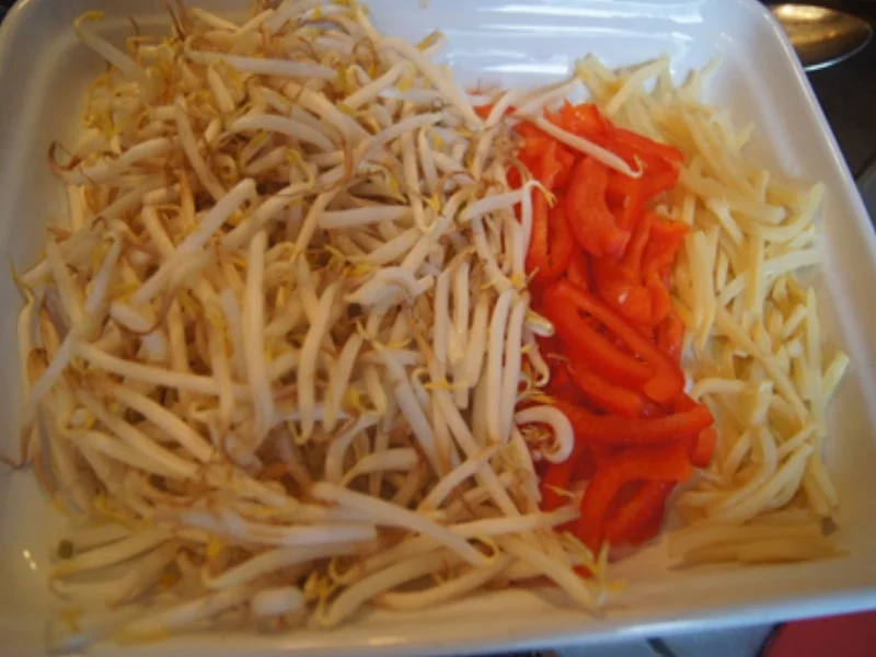 Mie-Nudeln mit Ei und Gemüse und ausgebackenen Hähnchenfleischwürfeln - Rezept - Bild Nr. 6