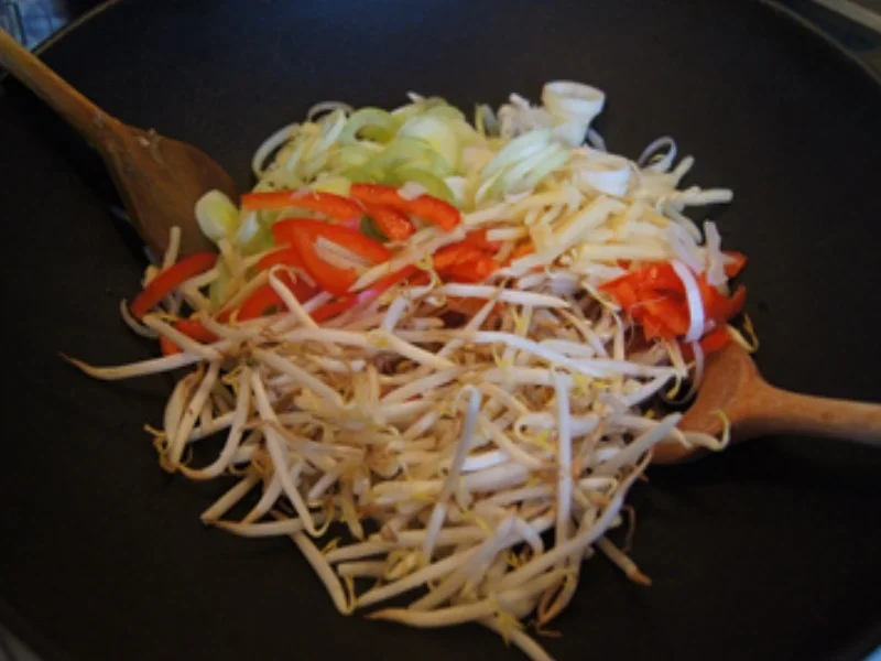 Mie-Nudeln mit Ei und Gemüse und ausgebackenen Hähnchenfleischwürfeln - Rezept - Bild Nr. 10