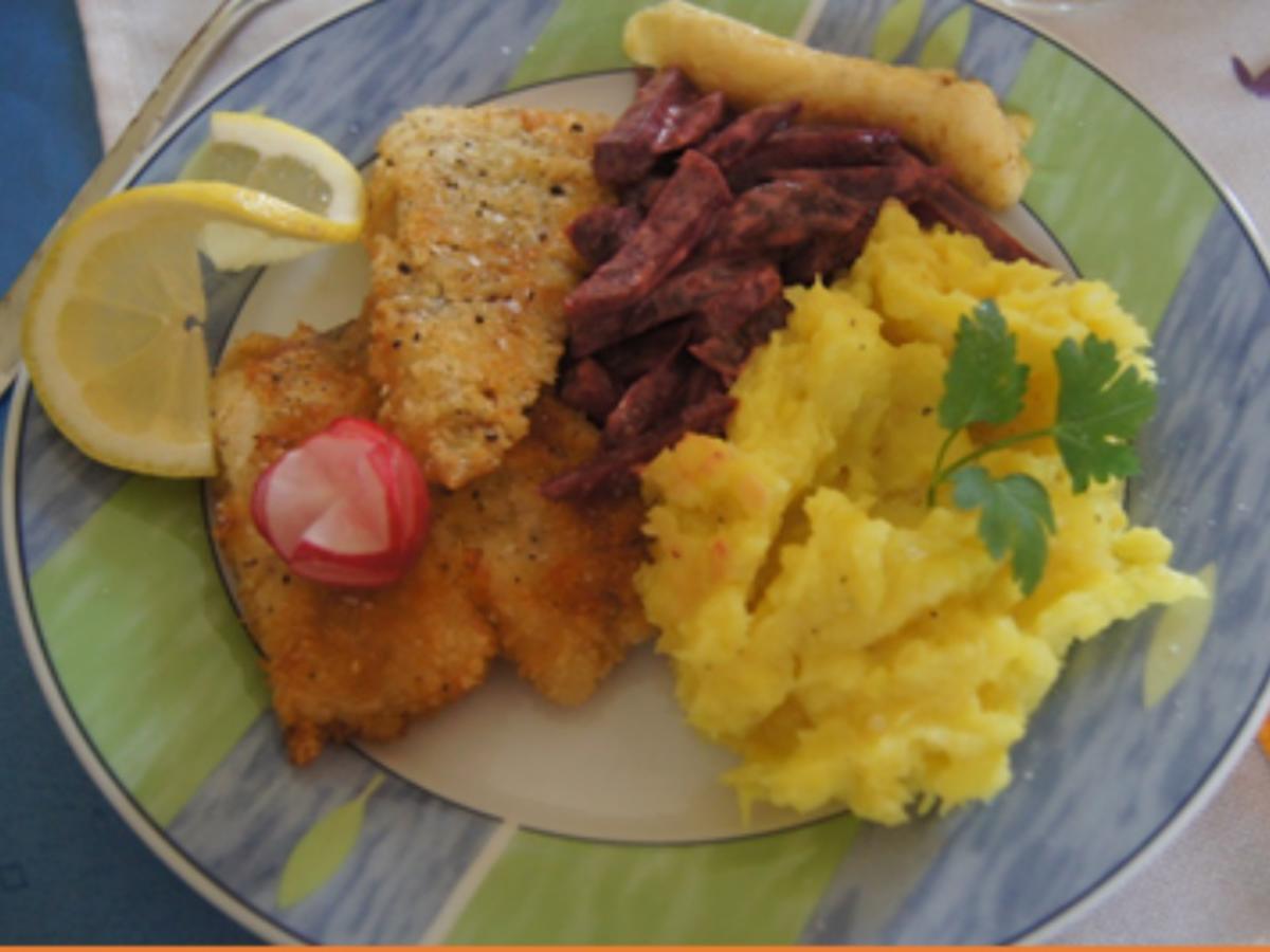 Seelachsfilet mit Rote-Bete-Salat und Kartoffelstampf - Rezept - Bild Nr. 10839