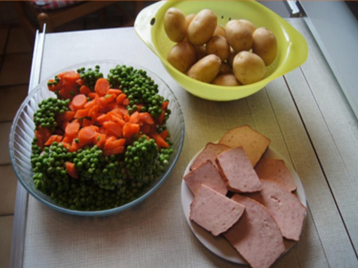Gebratener Leberkäse mit Erbsen-Möhren-Gemüse und Kartoffeln - Rezept - Bild Nr. 3