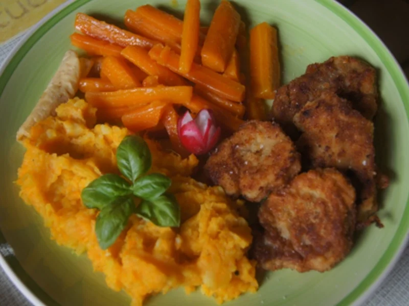 Rezept: Schweinefiletschnitzelchen mit Honig-Möhren-Sticks und Süßkartoffel-Kartoffel-Stampf Bild Nr. 2 Schweinefiletschnitzelchen mit Honig-Möhren-Sticks und Süßkartoffel-Kartoffel-Stampf - Rezept - Bild Nr. 2