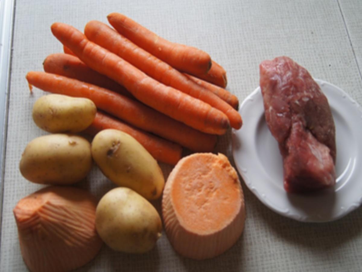 Schweinefiletschnitzelchen mit Honig-Möhren-Sticks und Süßkartoffel-Kartoffel-Stampf - Rezept - Bild Nr. 4