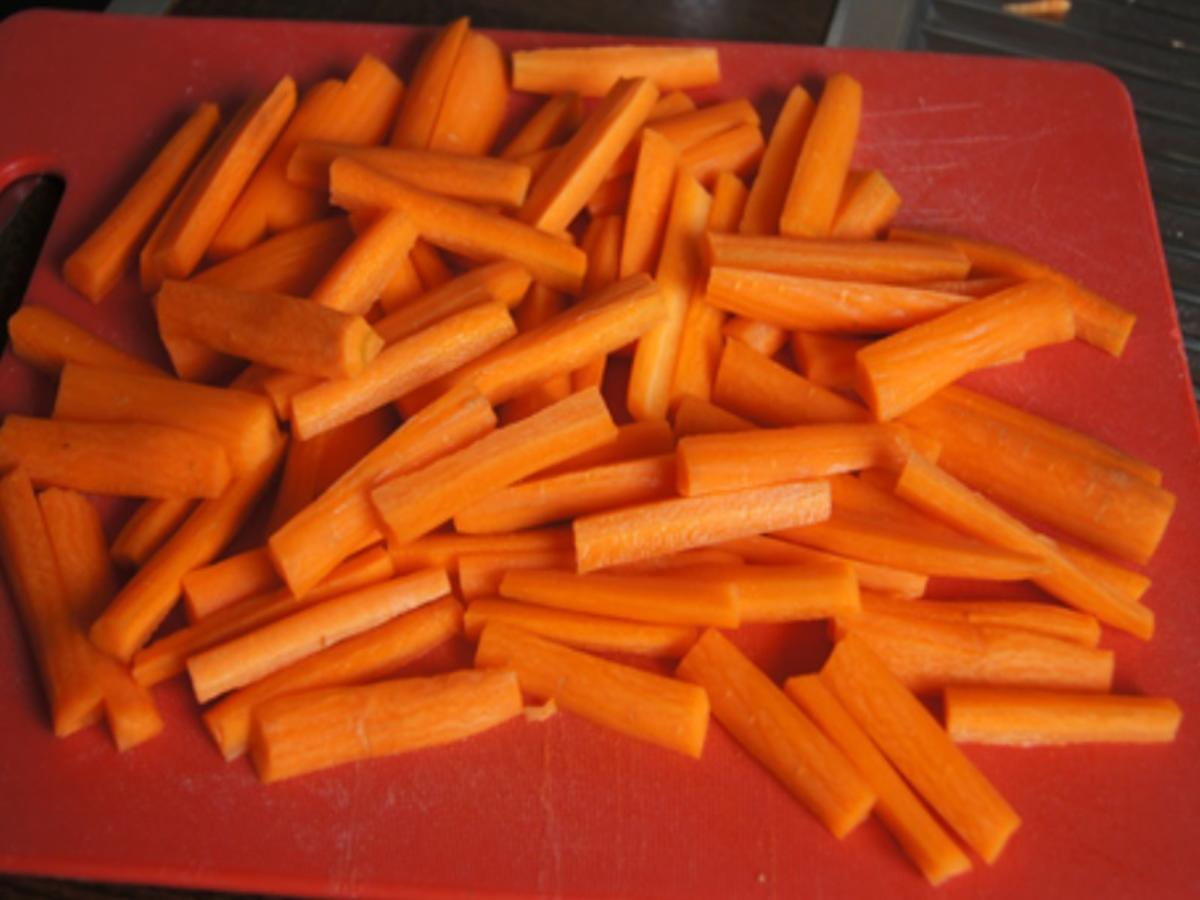 Schweinefiletschnitzelchen mit Honig-Möhren-Sticks und Süßkartoffel-Kartoffel-Stampf - Rezept - Bild Nr. 15