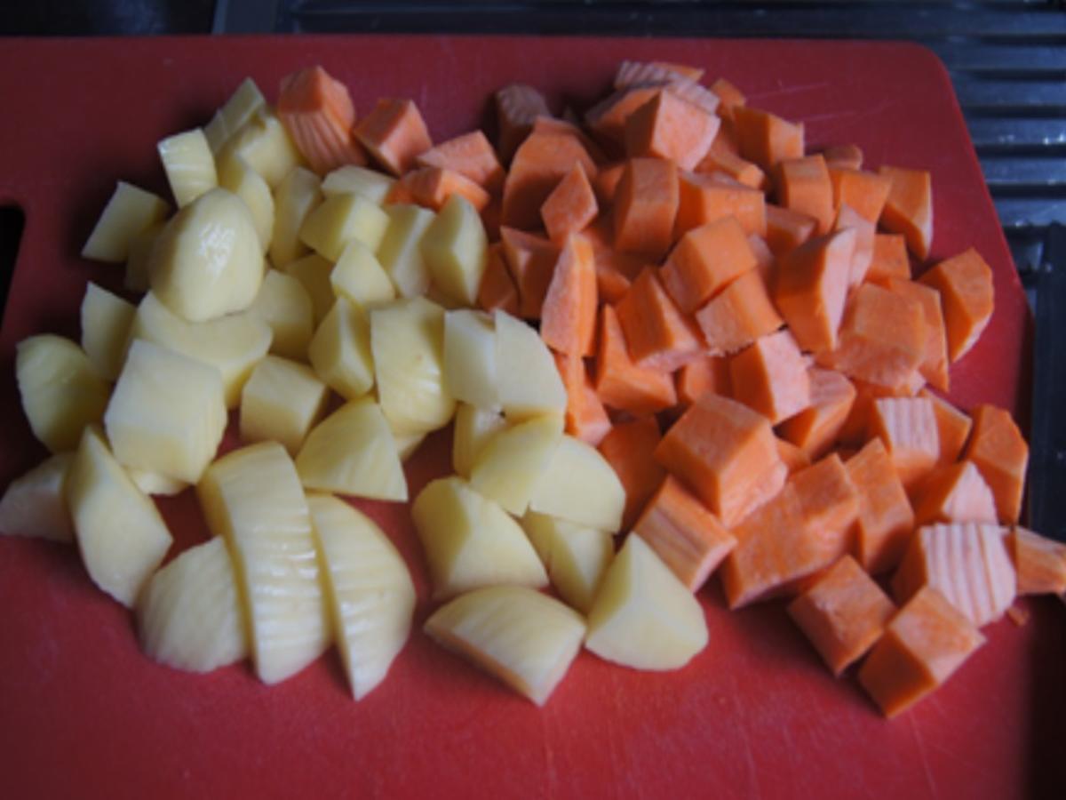 Schweinefiletschnitzelchen mit Honig-Möhren-Sticks und Süßkartoffel-Kartoffel-Stampf - Rezept - Bild Nr. 18