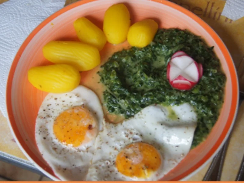 Rezept: Würziger Rahmspinat mit Kartoffeln und Spiegeleiern Bild Nr. 2 Würziger Rahmspinat mit Kartoffeln und Spiegeleiern - Rezept - Bild Nr. 2