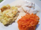 Kabeljau in Weißweinsoße, gratinierter Kartoffelstampf und Möhren-Raspeln - Rezept - Bild Nr. 11242