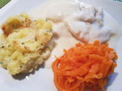 Rezept: Kabeljau in Weißweinsoße, gratinierter Kartoffelstampf und Möhren-Raspeln Bild Nr. 11242 Kabeljau in Weißweinsoße, gratinierter Kartoffelstampf und Möhren-Raspeln - Rezept - Bild Nr. 11242