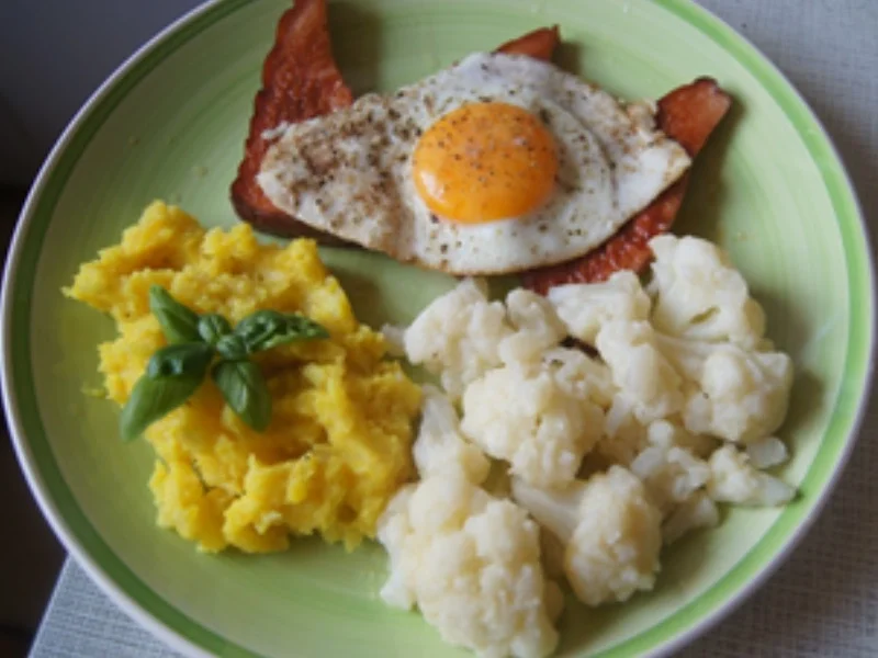 Gebräunter Leberkäse mit Spiegelei, Blumenkohl und Kartoffelstampf - Rezept - Bild Nr. 2