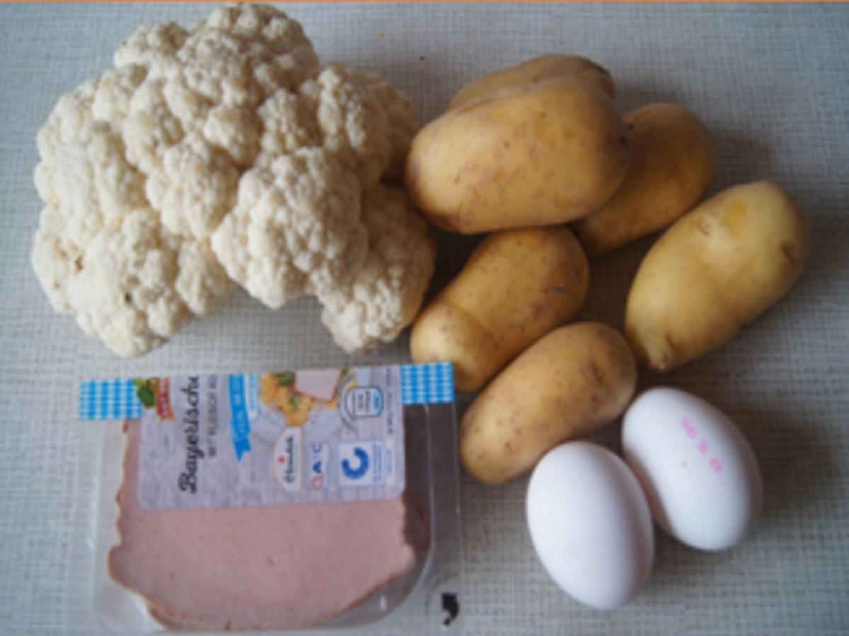 Gebräunter Leberkäse mit Spiegelei, Blumenkohl und Kartoffelstampf - Rezept - Bild Nr. 3